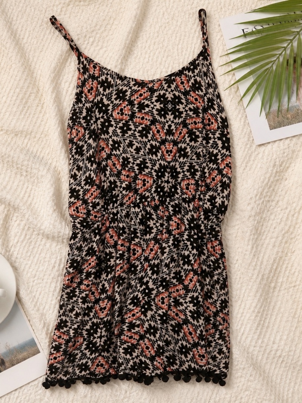 Romper w/ Spaghetti Straps PomPom Hem detail Black & Pink - Picture 3 of 12